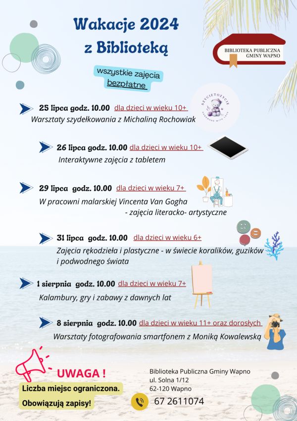 Plakat z harmonogramem wakacji 2024 z biblioteką 